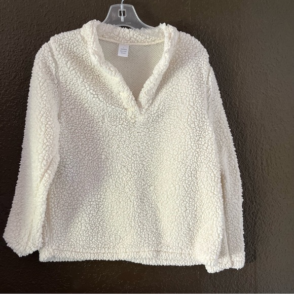 Cream 2 Button V Neck Long Sleeve Sherpa Fabric Lightweight Sweater, Size Medium - Picture 1 of 5